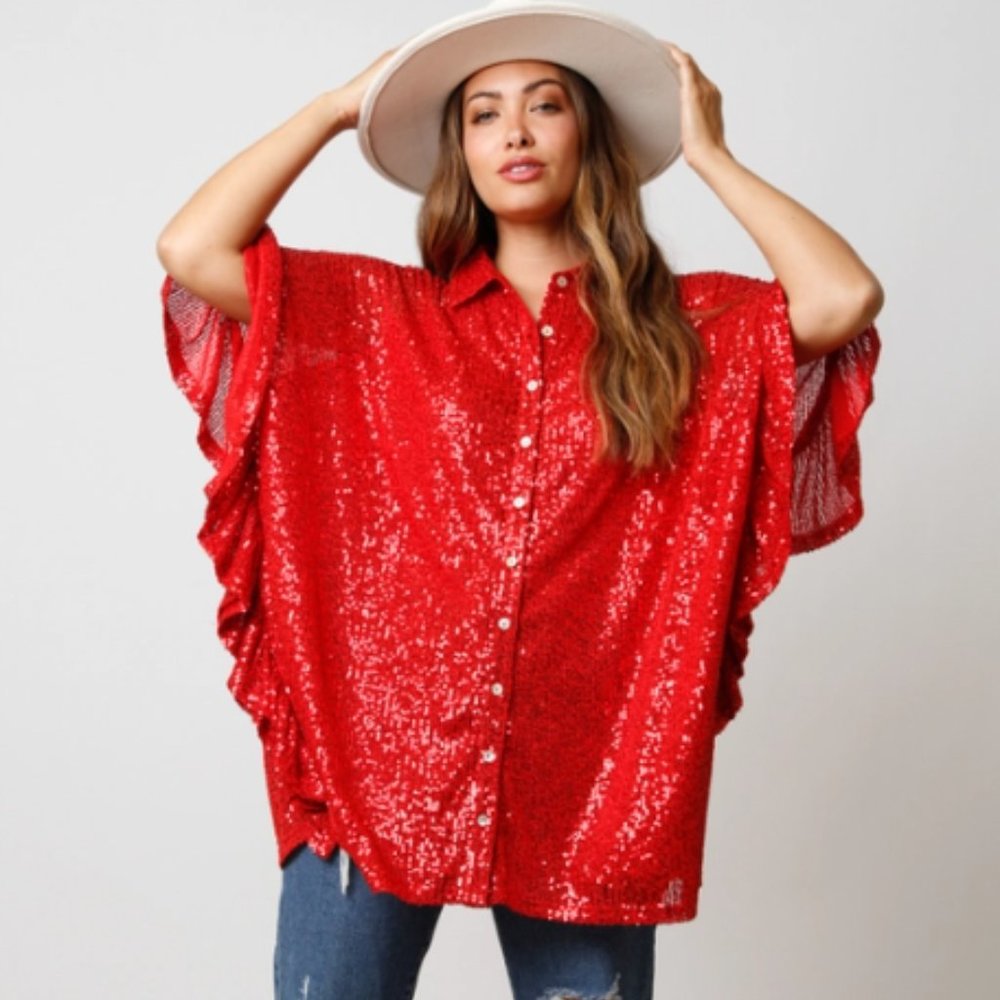 Holiday Festivities Ruby Red Sequin Button Down T… - image 1